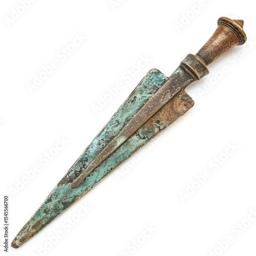 A bronze and wood dagger with a pointed blade, used historically for combat or ceremonial purposes.