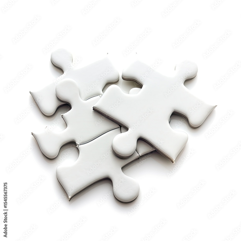 Obraz premium Four white puzzle pieces arranged together, symbolizing problem-solving and creativity. on white background