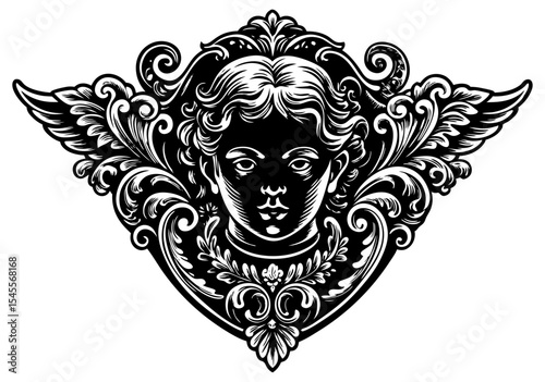 A richly detailed black and white illustration of an angelic cherub's head, framed by elaborate rococo-style swirls, foliage, and feathered wings, conveying classical elegance and heavenly artistry.