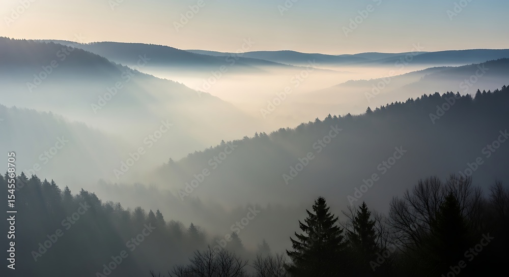 Fototapeta premium Misty Mountain Landscape Serene Sunrise Over Rolling Hills and Forests