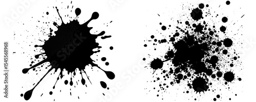 Ink Splatter Stain With Large Central Blob and Outward Splashes Plus Cluster of Small and Large Black Ink Splatters With Dry Brush Texture Isolated on a Transparent or White Background