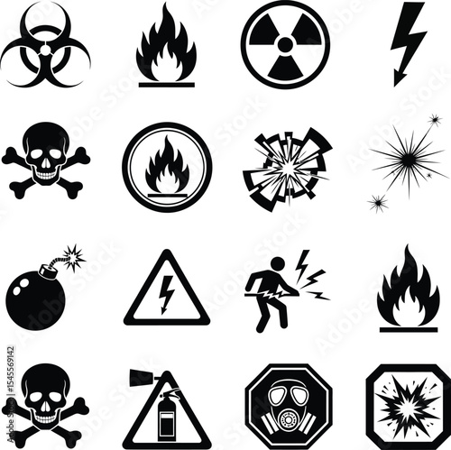 Black and White Hazard Icon Set Featuring Radiation, Biohazard, Explosions, and Toxic Symbols in Bold Vector Style