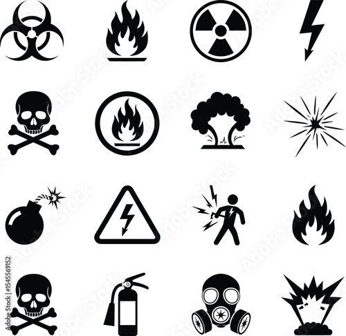 Black and White Hazard Icon Set Featuring Radiation, Biohazard, Explosions, and Toxic Symbols in Bold Vector Style