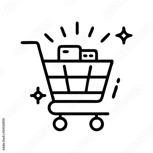 Simple glowing shopping cart with boxes and sparkles in outline design  