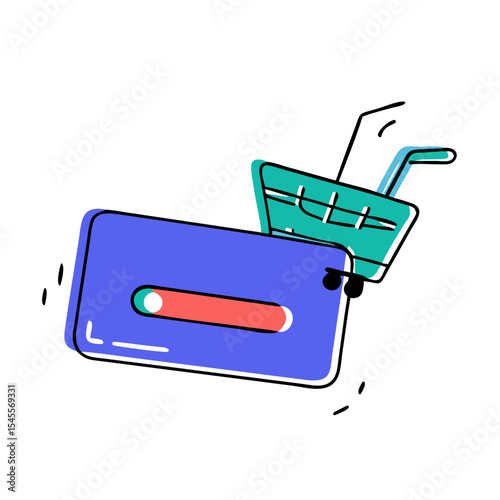 Holographic credit card floating above a shopping cart concept of icon  