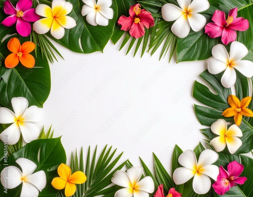 custom made wallpaper toronto digitalTropical flowers and lush green leaves arranged in a frame on white background