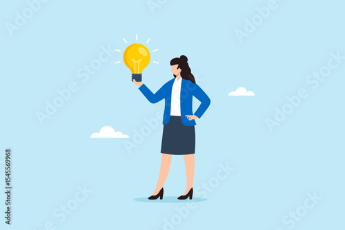 Flat illustration of confident businesswoman holding glowing light bulb in hand to represent creative business idea and innovation leadership