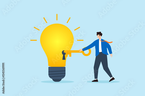 Flat illustration of businessman unlocking glowing lightbulb with golden key to discover new idea creativity and innovation potential