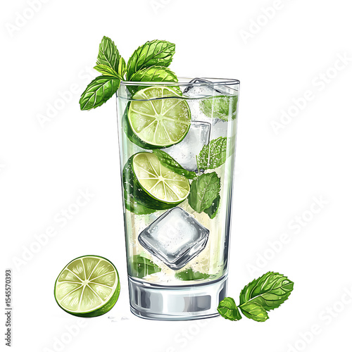 Refreshing Mojito Cocktail with Lime Slices and Mint Leaves