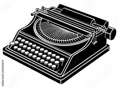 A classic black and white illustration of a vintage typewriter, showcasing its intricate mechanical details and keyboard, perfect for themes of writing, nostalgia, or historical office equipment.
