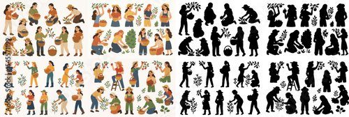 Vector Set Women picks fruits. Female farmers harvesting and silhouette