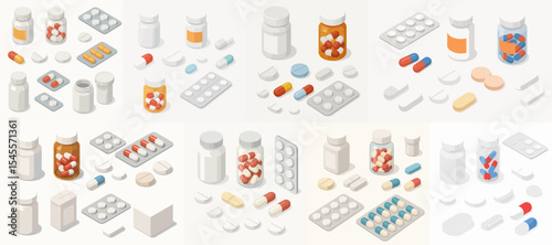 Vector Set Isometric medical pills. Tabletes container  plastic bottle with drug capsules  pharmaceutical medical care treatment 3d flat vector illustration set. Pharmacy medications on white