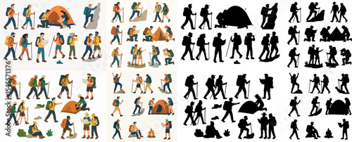 Vector Set People hiking and camping along with the silhouette. Outdoor adventure  hiking and backpacking  active characters trekking  set up tent and navigate terrain flat vecto.