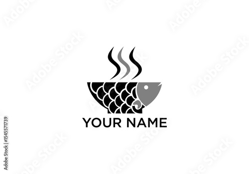 Creative Fish Icon Combining Bowl Design with Steaming Graphic Elements