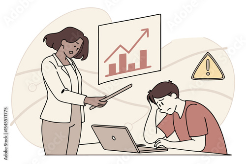 A woman is pointing at a positive trend on a chart while a man sits dejectedly at a laptop, with an alert sign nearby, symbolizing performance pressure, missed targets, or a challenging work situation