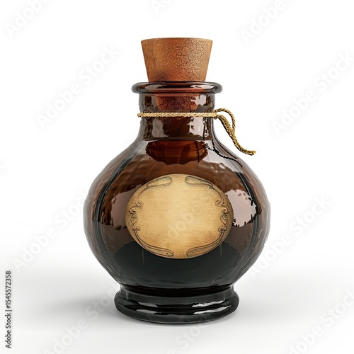 A decorative glass potion bottle with a cork stopper and a blank label for customization. on white background