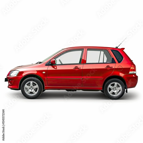 A red compact car shown from the side, highlighting its design and features. on white background