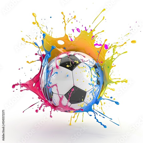 A soccer ball surrounded by colorful splashes of paint, symbolizing energy and creativity. on white background