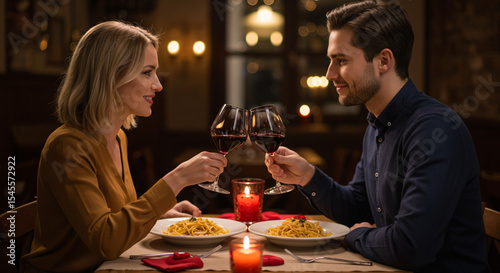 Happy couple having romantic dinner in restaurant, eating pasta and drinking red wine. Happy Valentine day concept