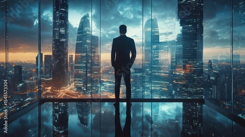 Businessman looks out over city skyline