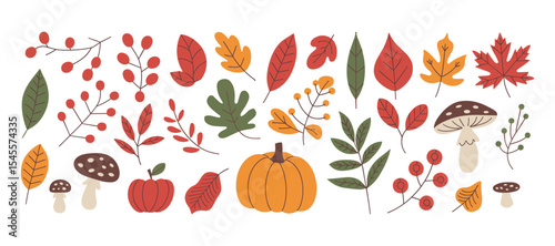 A set of autumnal foliage, including leaves, berries, and pumpkins. Vector collection for seasonal designs and harvest themes.
