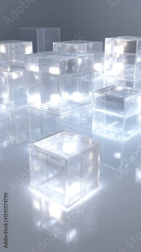 A minimalist arrangement of clear glass cubes reflecting light on a soft gray gradient background space