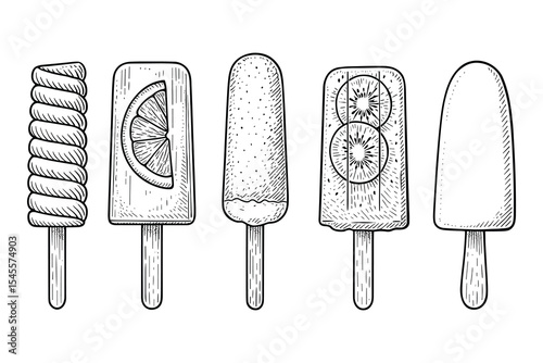 Hand drawn popsicle collection illustration vector art design. Includes ice cream, fruit, and plain popsicles. Isolated on white background.