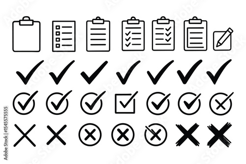 A set of checklist and clipboard icons in outline style. Includes check marks, cross marks, and task management symbols.