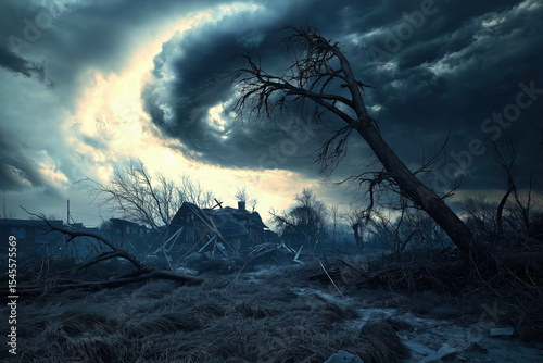 Tornado aftermath, a striking image showing the aftermath of a tornado with uprooted trees, damaged structures.