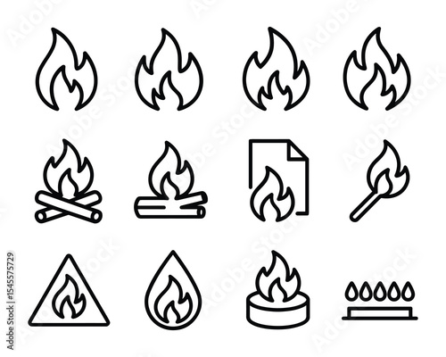 A collection of fire flames icons in outline style. Includes various flame shapes and fire with wood. Vector line art style.