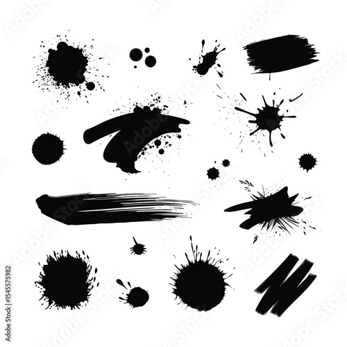 A set of ink splatter vectors for grunge and artistic backgrounds. Includes various styles of splatters, blots, and stains for design.