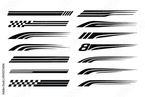 A collection of racing stripes and vehicle graphics line art vectors. Perfect for automotive, sport, and design projects.