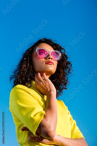 A stylish woman wearing pink sunglasses poses gracefully against a bright blue sky