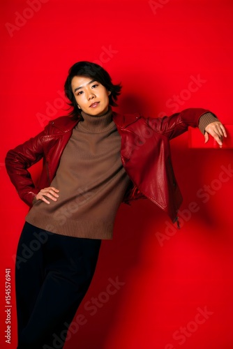 A confident person strikes a pose against a bold red backdrop. The woman is dressed in a stylish ensemble and her look exudes confidence and fashion-forward elegance