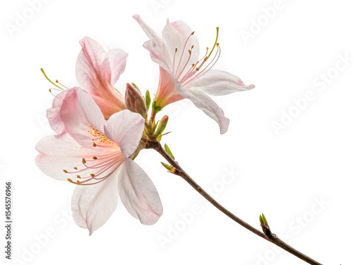 Delicate pink azalea blossoms on a branch against a black background