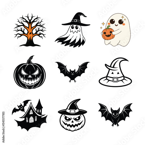 Spooky Halloween Vector Set – Pumpkins, Ghosts, Haunted House, Witch Hat isolated on white background.