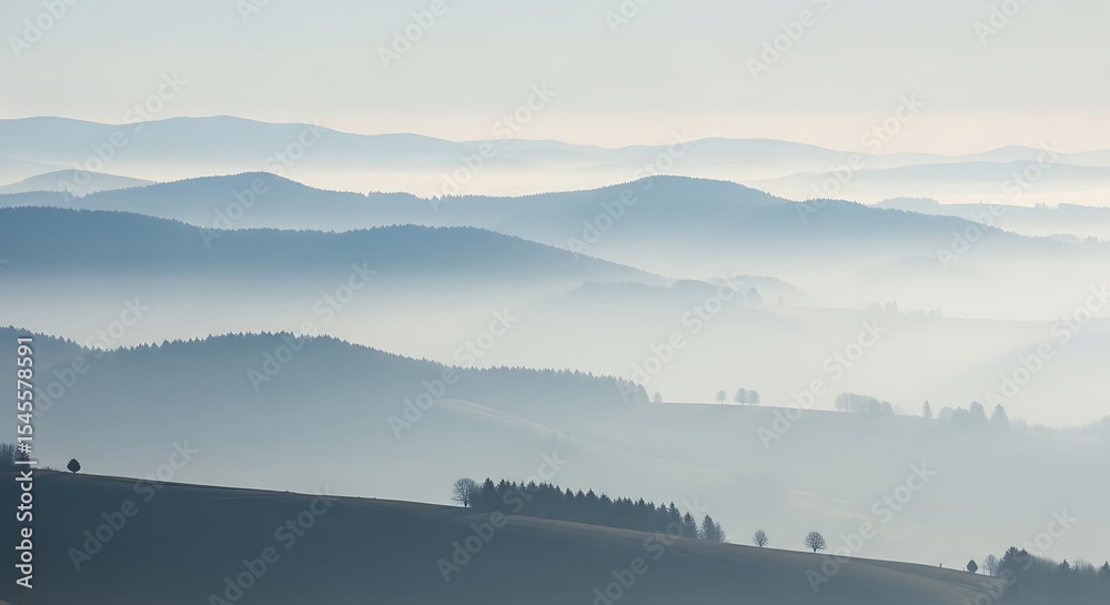Fototapeta premium Misty Mountain Landscape Serene Hills in Soft Blue Hues