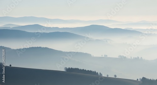 Misty Mountain Landscape Serene Hills in Soft Blue Hues