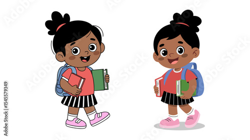 Cartoon school girls holding books and wearing backpacks in cute outfits