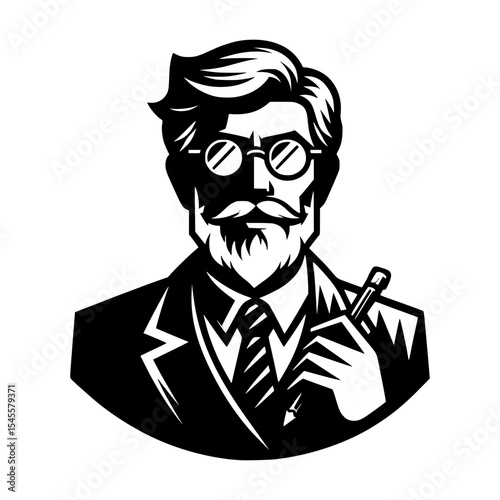 An artistic illustration of a distinguished gentleman wearing eyeglasses and holding a pen