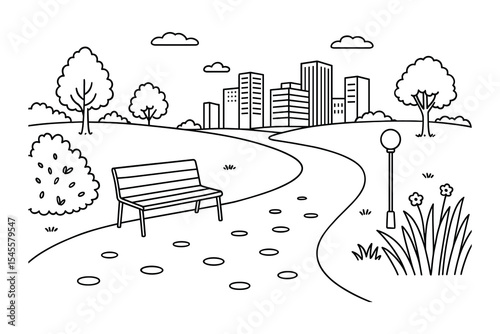A serene city park landscape vector illustration. Features a bench, path, trees, and city skyline. Ideal for urban and nature themes.