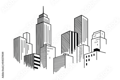 A detailed cityscape vector illustration. Features skyscrapers, buildings, and an urban skyline. Great for architecture and city themes.
