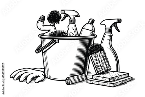 A vector set of cleaning tools with a bucket and cleaning equipment. Includes gloves and sponges. Perfect for cleaning designs.