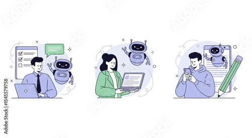 Modern Professionals Interacting with AI Assistants in Various Ways