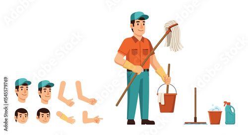 Smiling Male Janitor with Mop, Bucket, and Cleaning Supplies; Cartoon Illustration