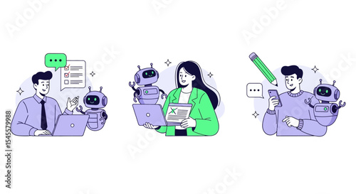 Three Scenes of People Interacting with Robots and Technology in Flat Style