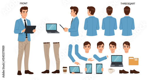 Vector Illustration of a Businessman in Various Poses and Elements