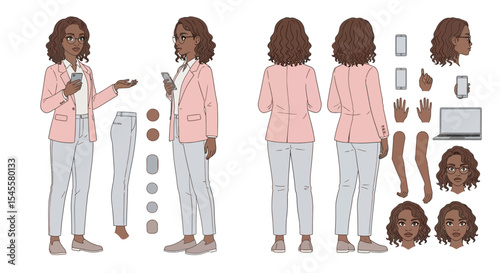 Stylish Black Woman Character Design Sheet: Pink Blazer, Gray Pants, Smartphone