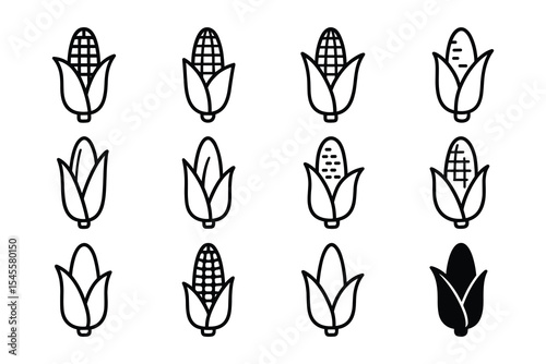 A collection of corn cob line art featuring agriculture and food illustration. Includes various stages of corn cob development and kernels.