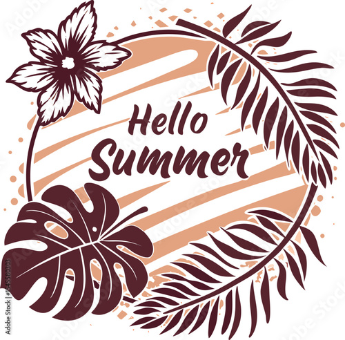 t-shirt graphic with tropical leaves and warm gradient brush strokes,